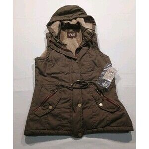NWT YMI Womens Hooded Utility Vest Large L Brown Cotton Faux Fur Sherpa Lined